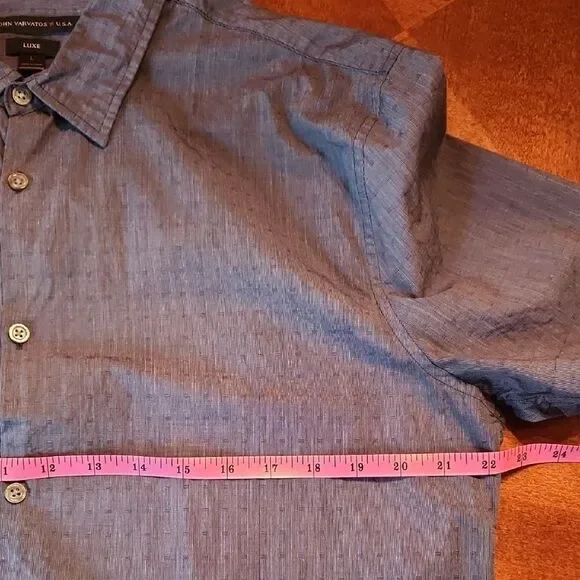 John Varvatos Luxe Short Sleeve 100% Cotton Button Down Shirt, Large, Blue - Picture 3 of 7